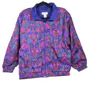 Lavon Windbreaker Jacket M Purple Lined Full Zip Vintage 90s All Over Print Glam